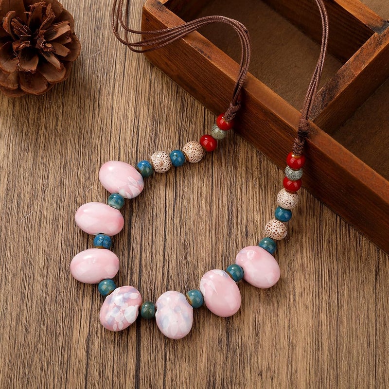 DS Boho Beaded Necklace for Women–Colorful Ceramic & African Tribal Beads, Adjustable Long Chunky Bohemian Jewelry with Gift Box Packaging,Hippie Witchy Vintage Handmade Fashion Statement Necklace - Image 3